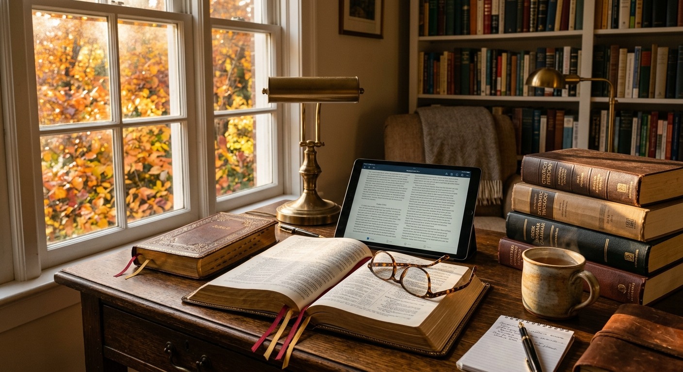 Cozy wooden desk next to a window with autumn foliage, featuring an open book, reading glasses, a tablet, and a steaming mug