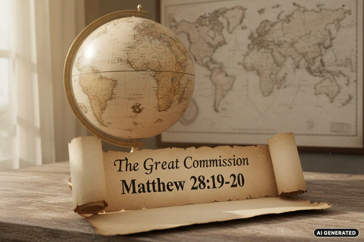 AI Generated: A scroll labeled "The Great Commission Matthew 28:19-20" sits on a wooden desk in front of a globe and a world map.